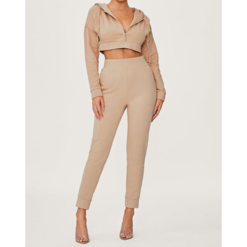 Meshki zip through crop hoodie and joggers almond